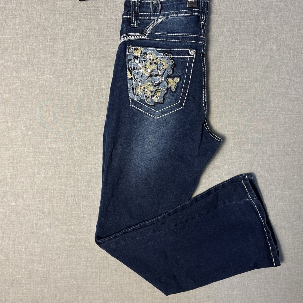 Vtg Rebel Y2K Jeans Embellished Embroidered Pockets White Stitching Size 9 27